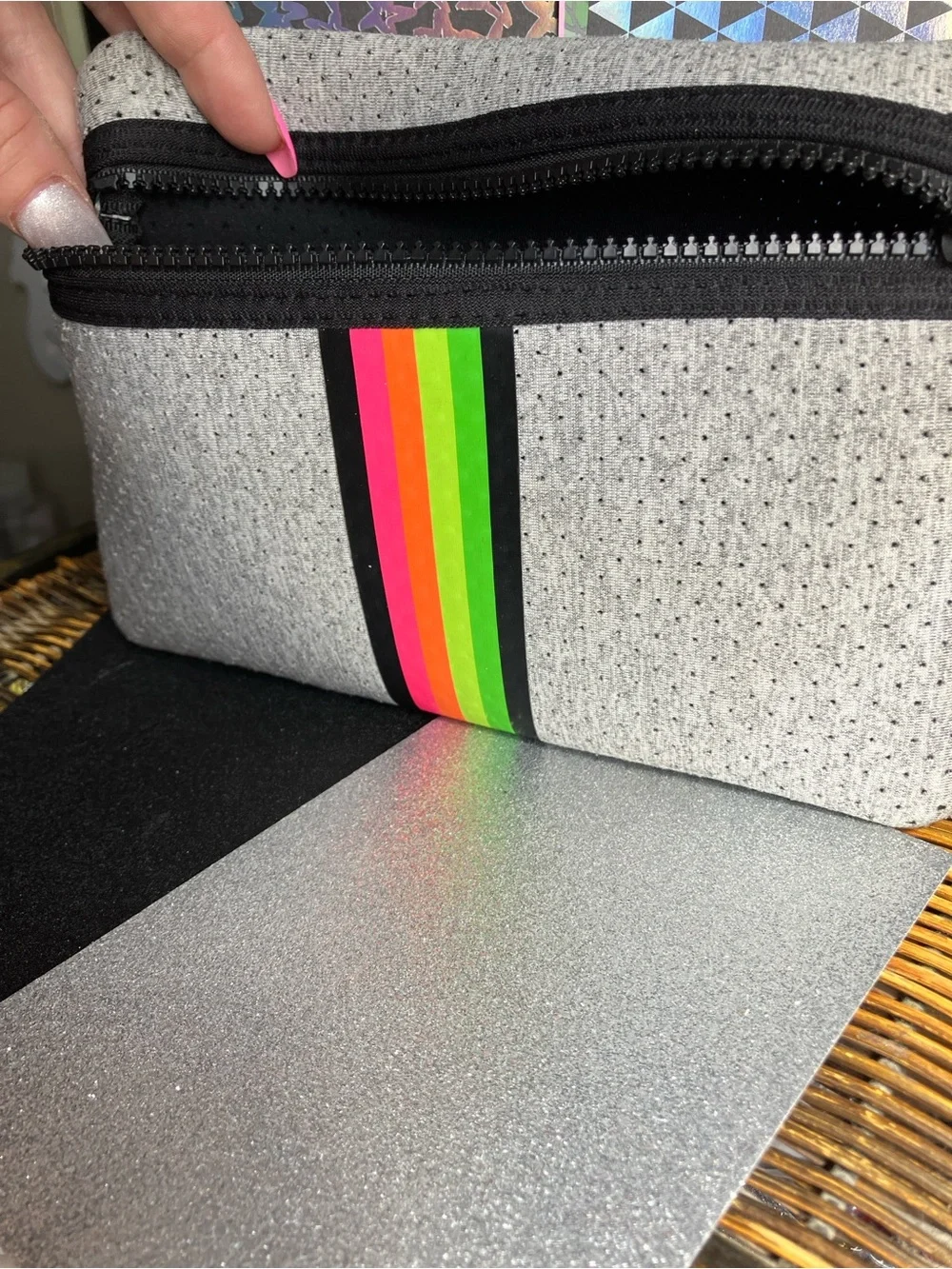 Perforated Grey Neoprene Pouch with Neon Stripe & comes with Cream & Star Balm:)